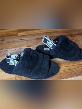 UGG Black Plush Slide Sandals with Branded Elastic Strap